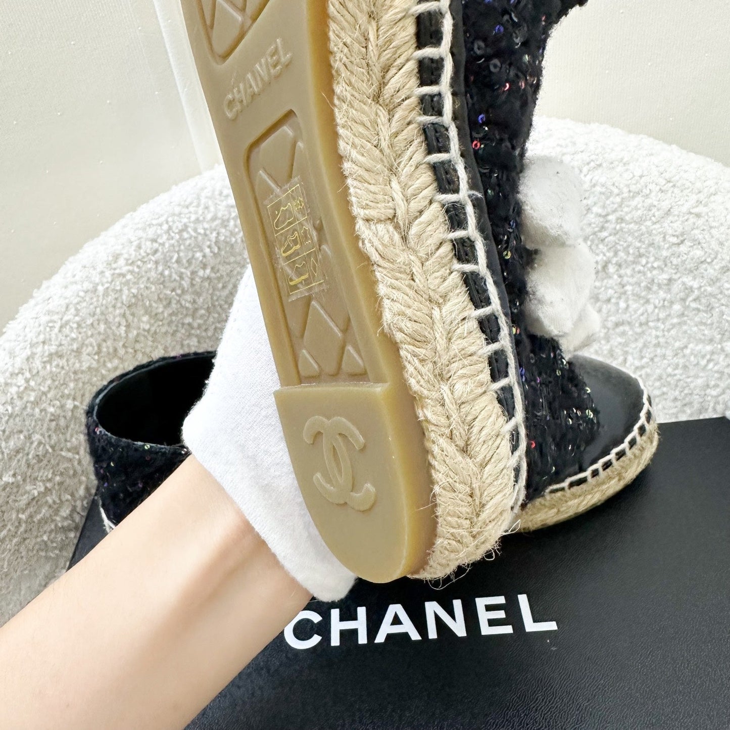 GLM-Espadrilles in Black Tweed with Sequins and Black Patent Leather Sz 35
