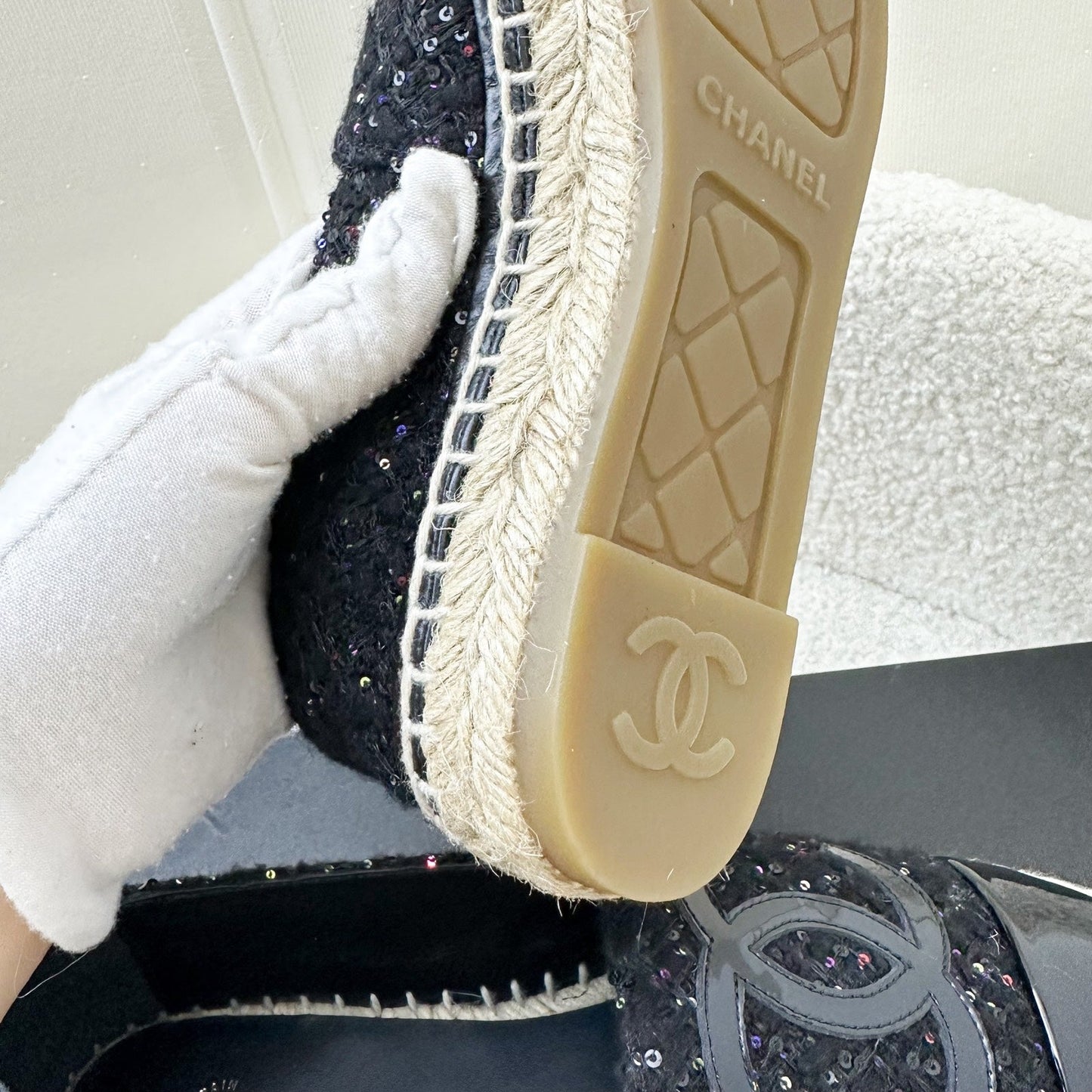 GLM-Espadrilles in Black Tweed with Sequins and Black Patent Leather Sz 35