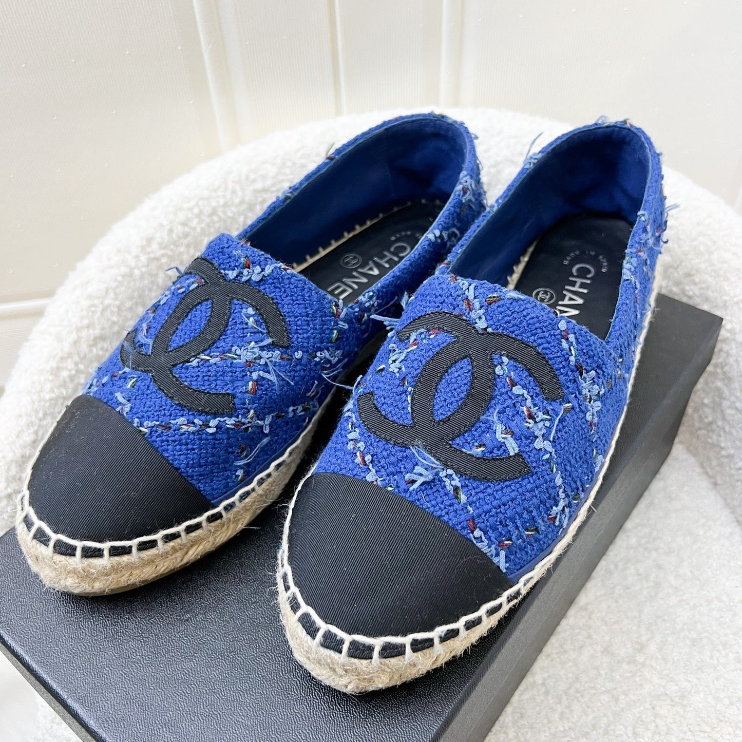 GLM-Espadrilles in Blue Tweed and Black Gosgrain Sz 37