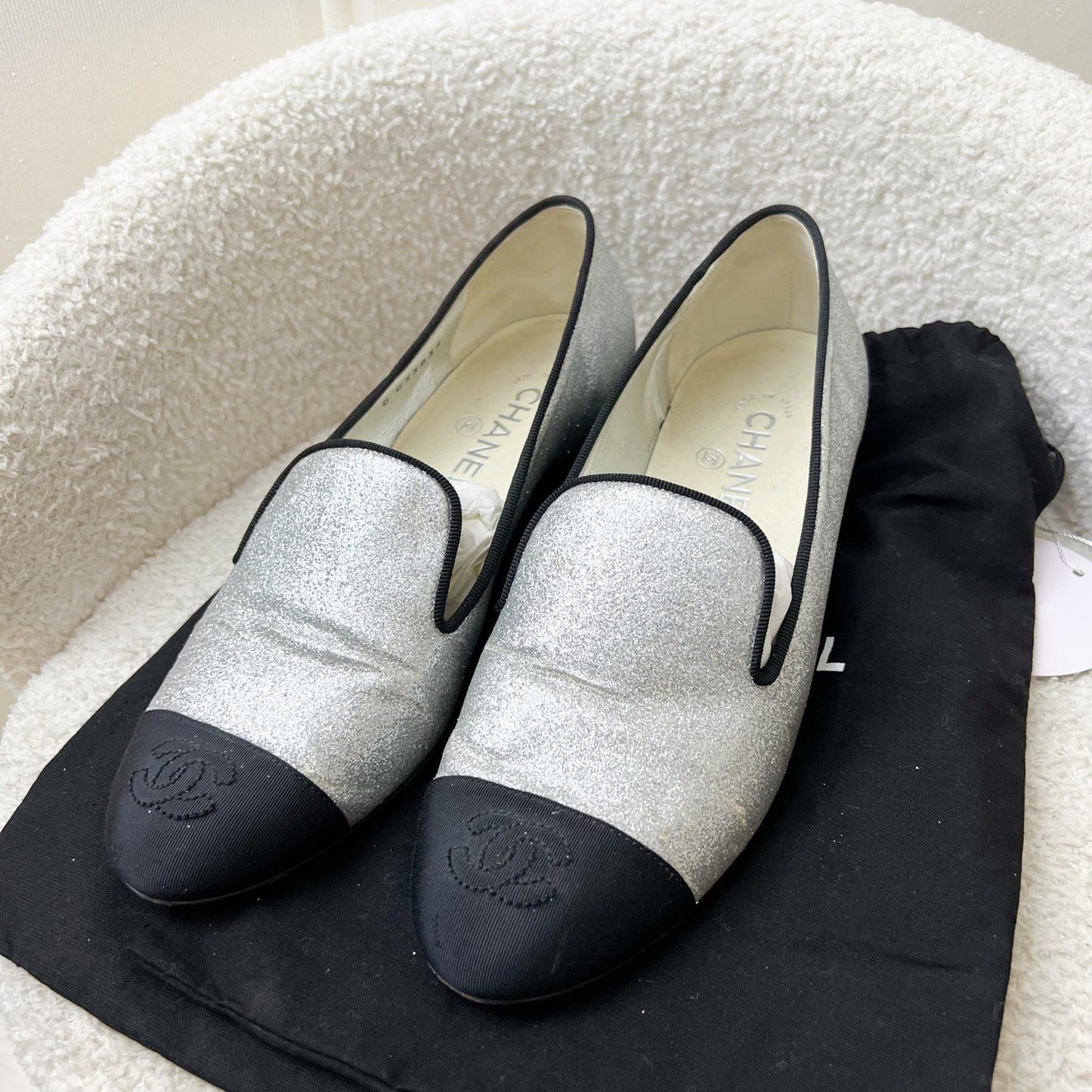 GLM-Heels in Silver Glitter Leather / Black Gosgrain Size 38
