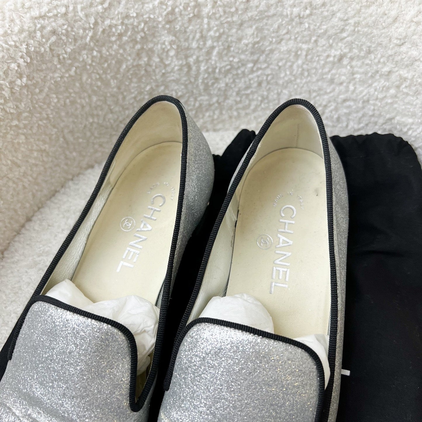 GLM-Heels in Silver Glitter Leather / Black Gosgrain Size 38