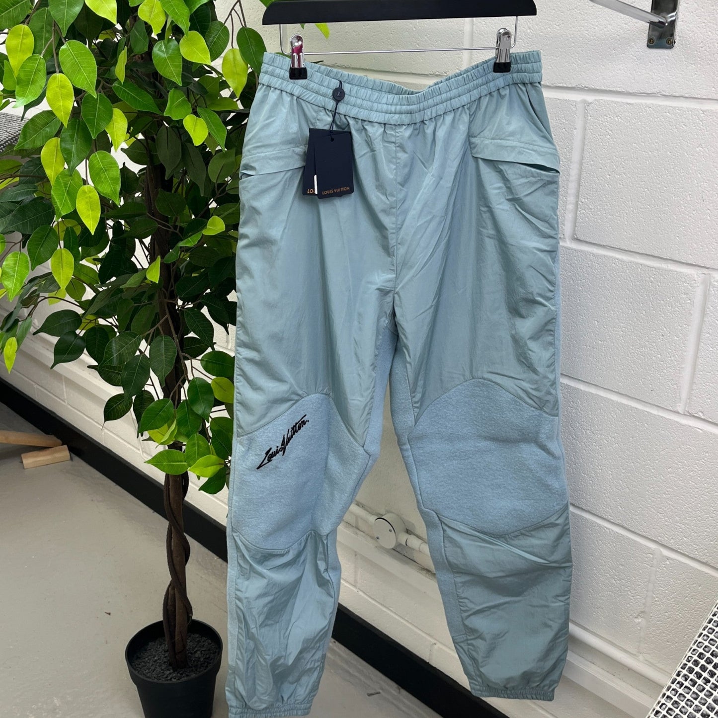 Men's Mixed Material Track Logo Trousers Blue Size L