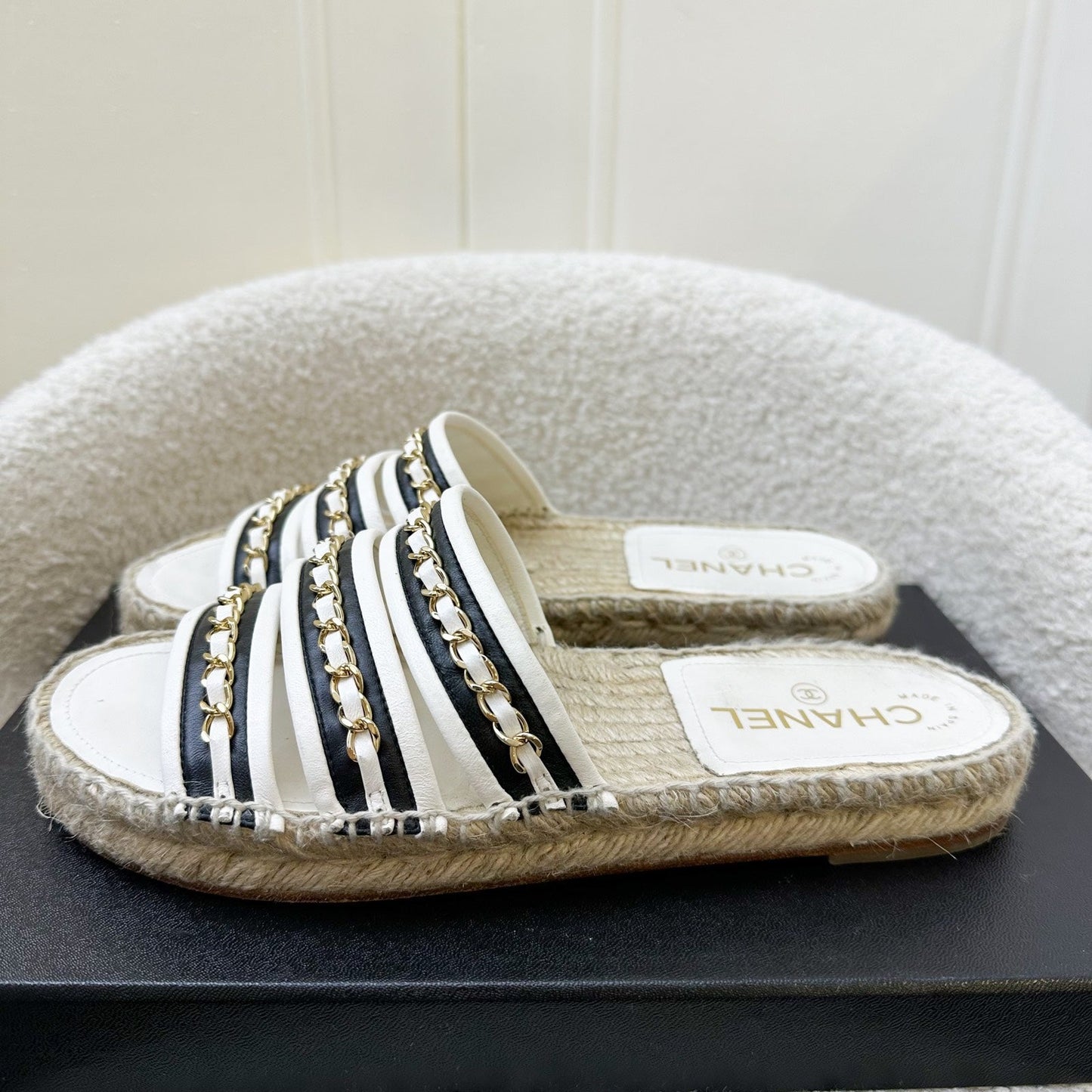 GLM-20P Espadrille Slides / Sandals in Black and White Leather with GHW