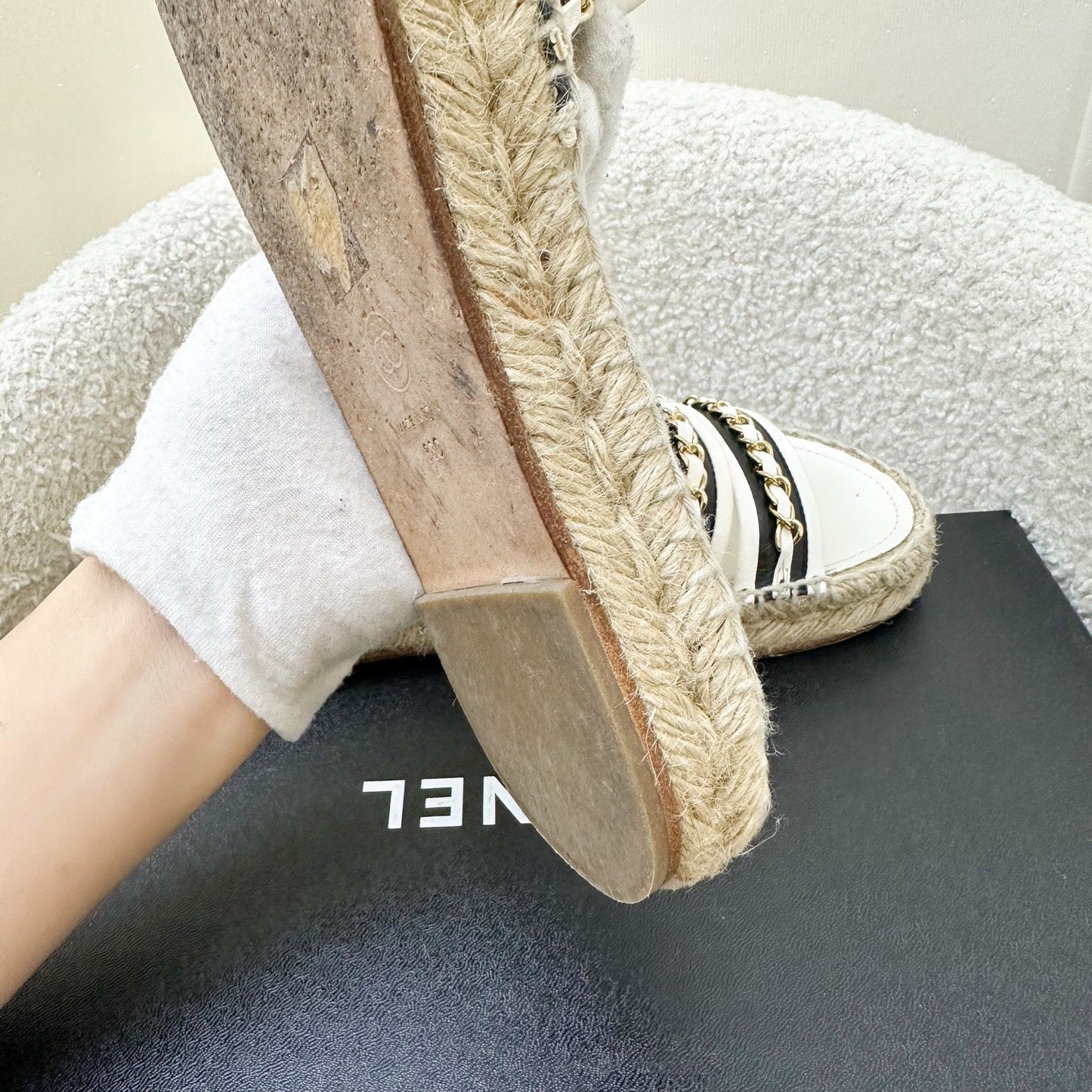 GLM-20P Espadrille Slides / Sandals in Black and White Leather with GHW