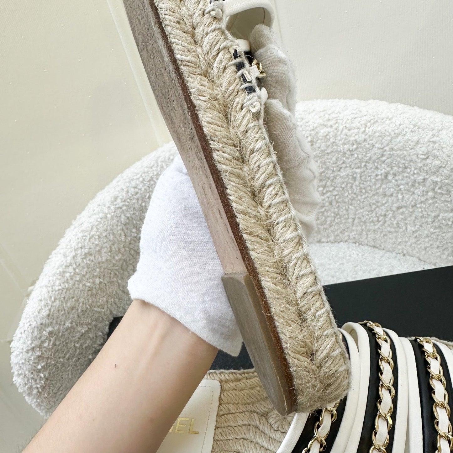 GLM-20P Espadrille Slides / Sandals in Black and White Leather with GHW
