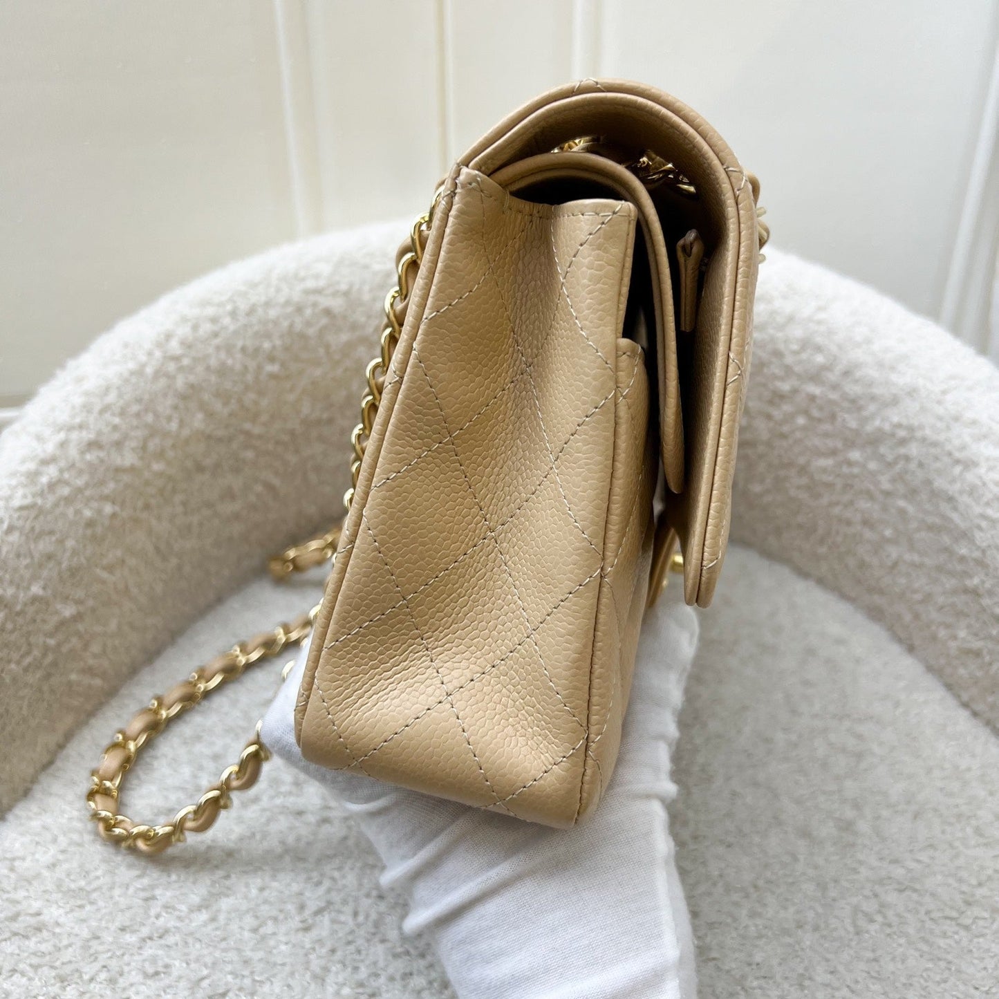 GLM-Medium Classic Flap CF in Beige Caviar and GHW (Model: A01112)