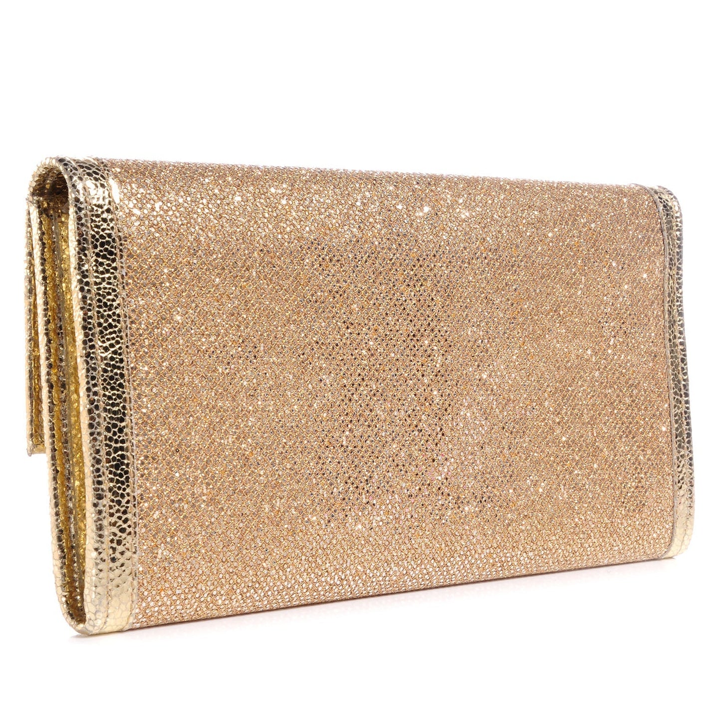 JIMMY CHOO GOLD GLITTER LEATHER REESE CLUTCH BAG