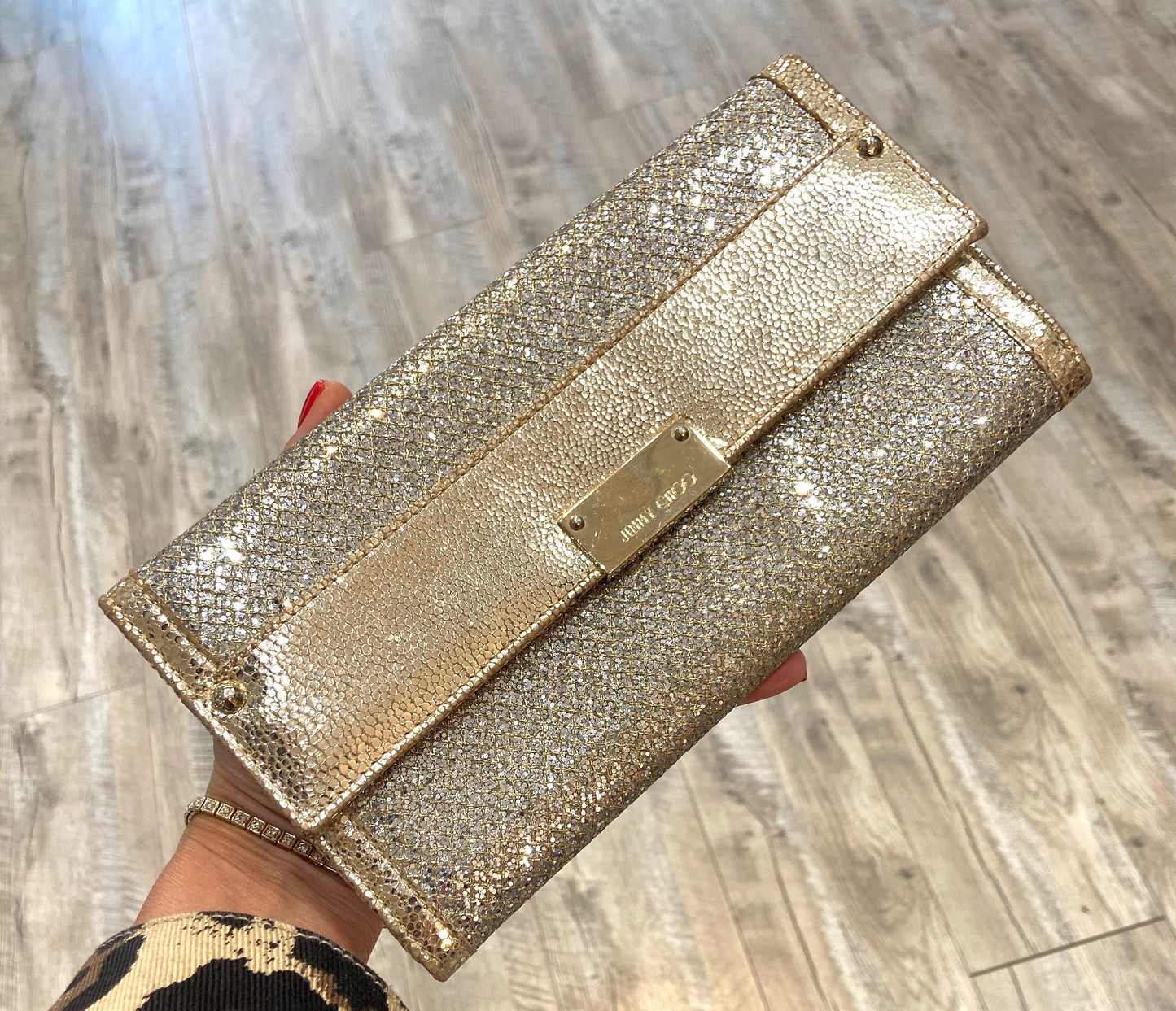 JIMMY CHOO GOLD GLITTER LEATHER REESE CLUTCH BAG