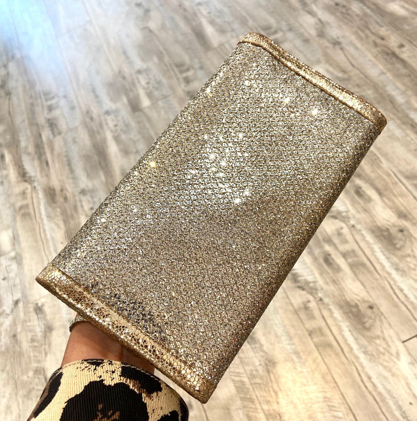 JIMMY CHOO GOLD GLITTER LEATHER REESE CLUTCH BAG