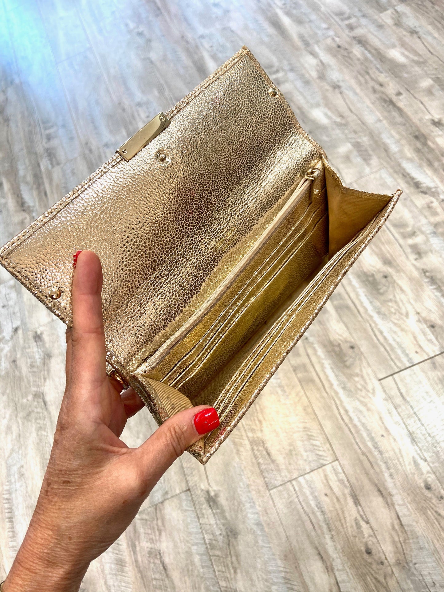 JIMMY CHOO GOLD GLITTER LEATHER REESE CLUTCH BAG