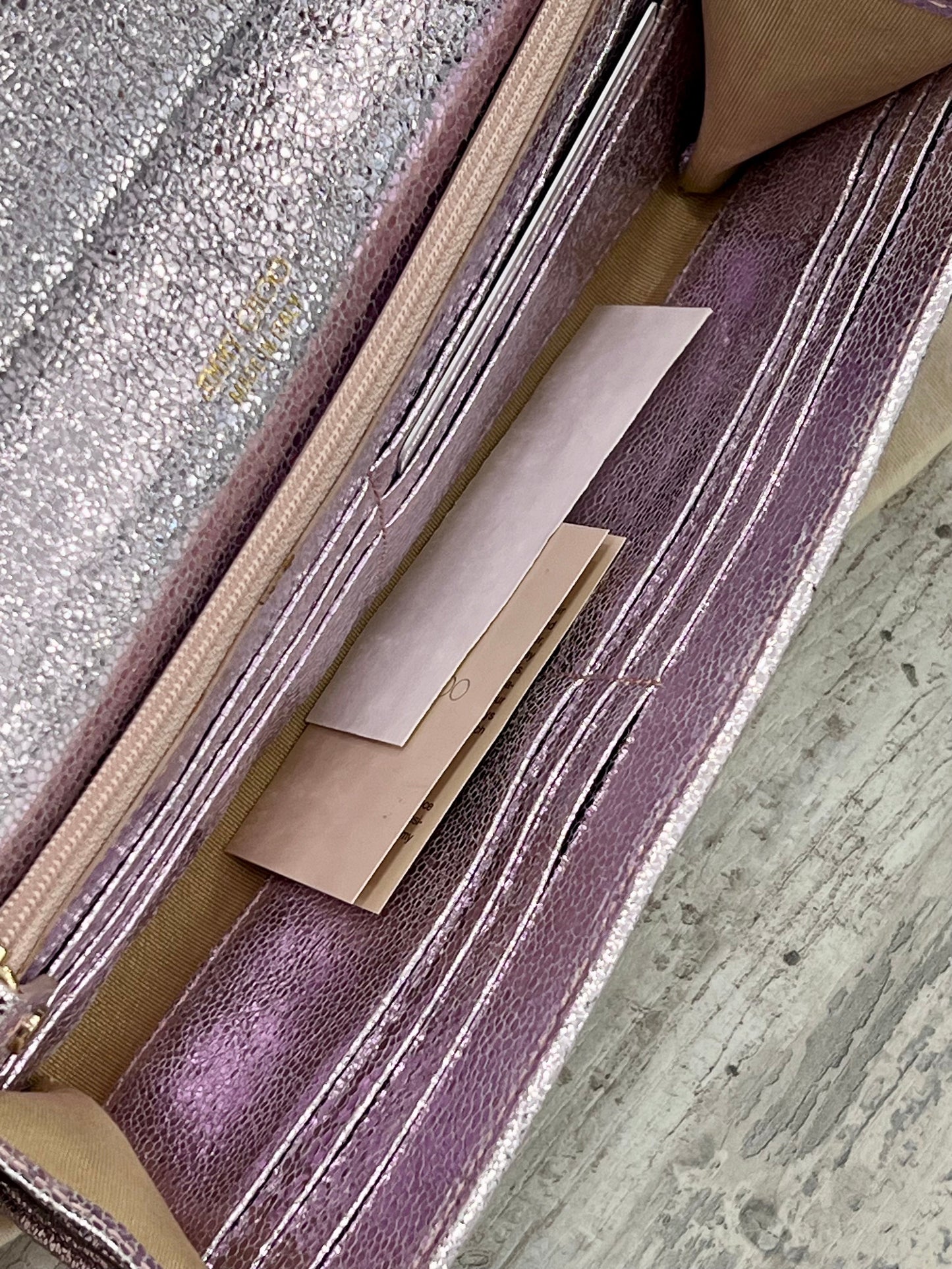 JIMMY CHOO METALLIC PINK LEATHER GLITTER UBAI CLUTCH BAG
