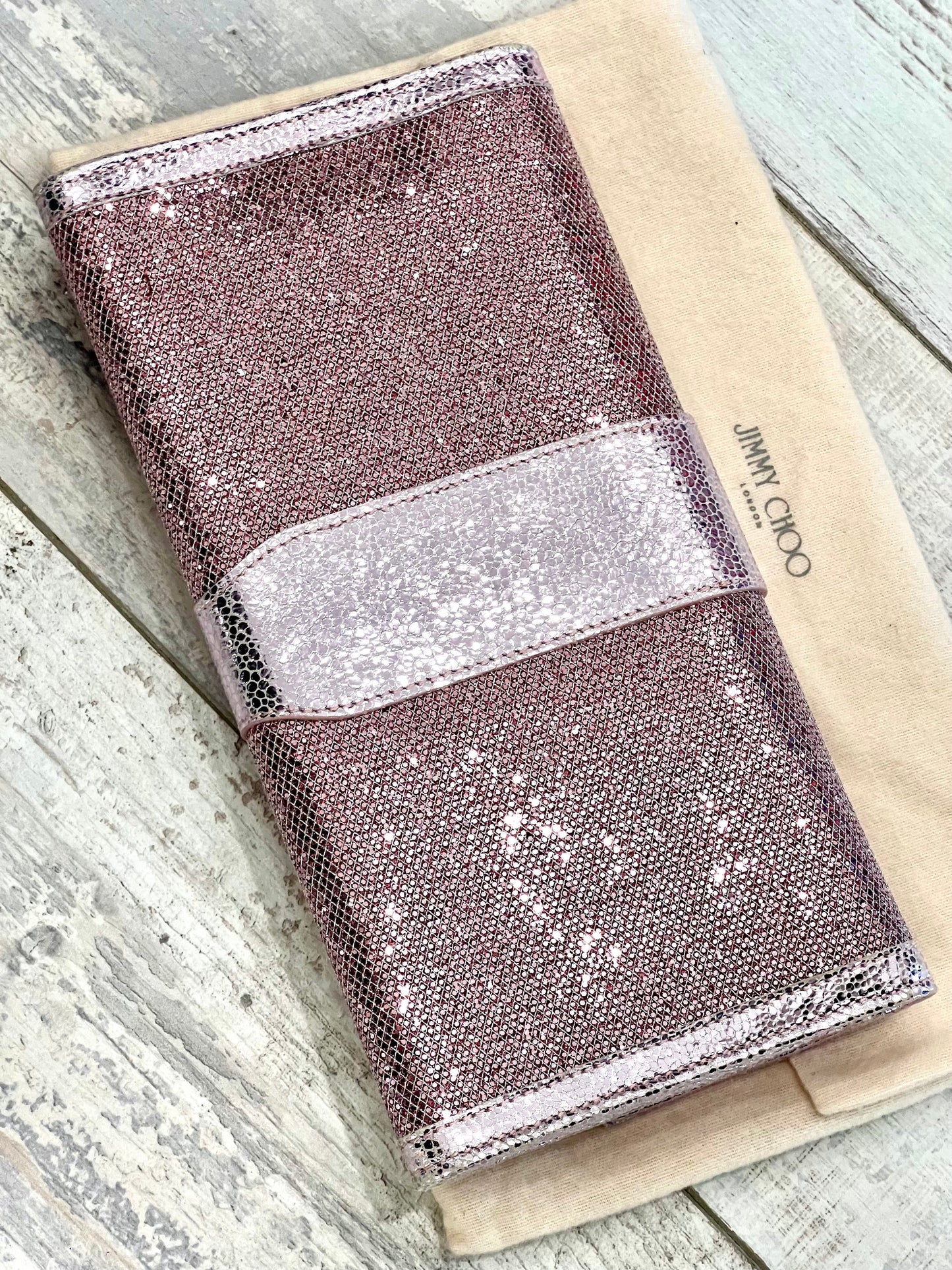 JIMMY CHOO METALLIC PINK LEATHER GLITTER UBAI CLUTCH BAG
