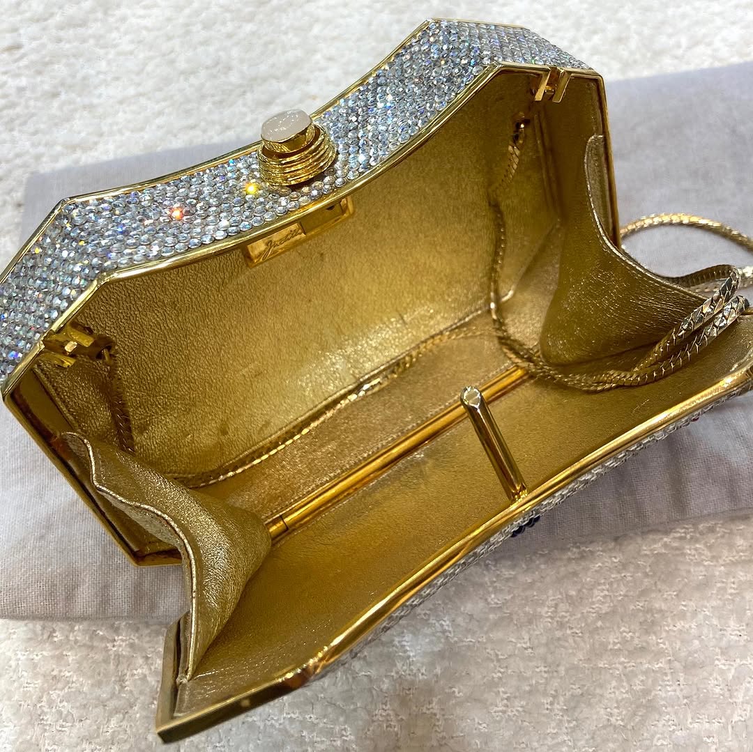 JUDITH LEIBER CRYSTAL GEMSTONE METALLIC CLUTCH BAG W SHOULDER CHAIN