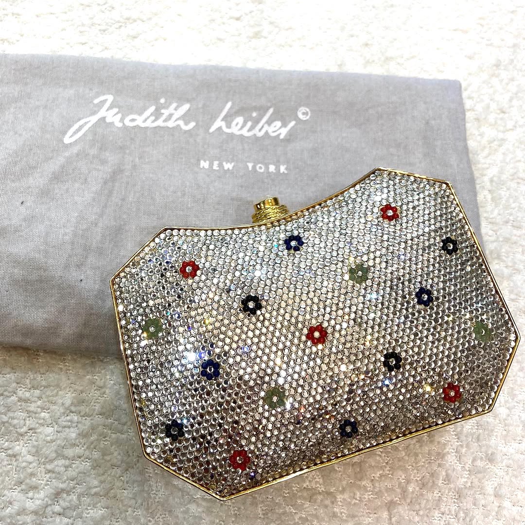 JUDITH LEIBER CRYSTAL GEMSTONE METALLIC CLUTCH BAG W SHOULDER CHAIN