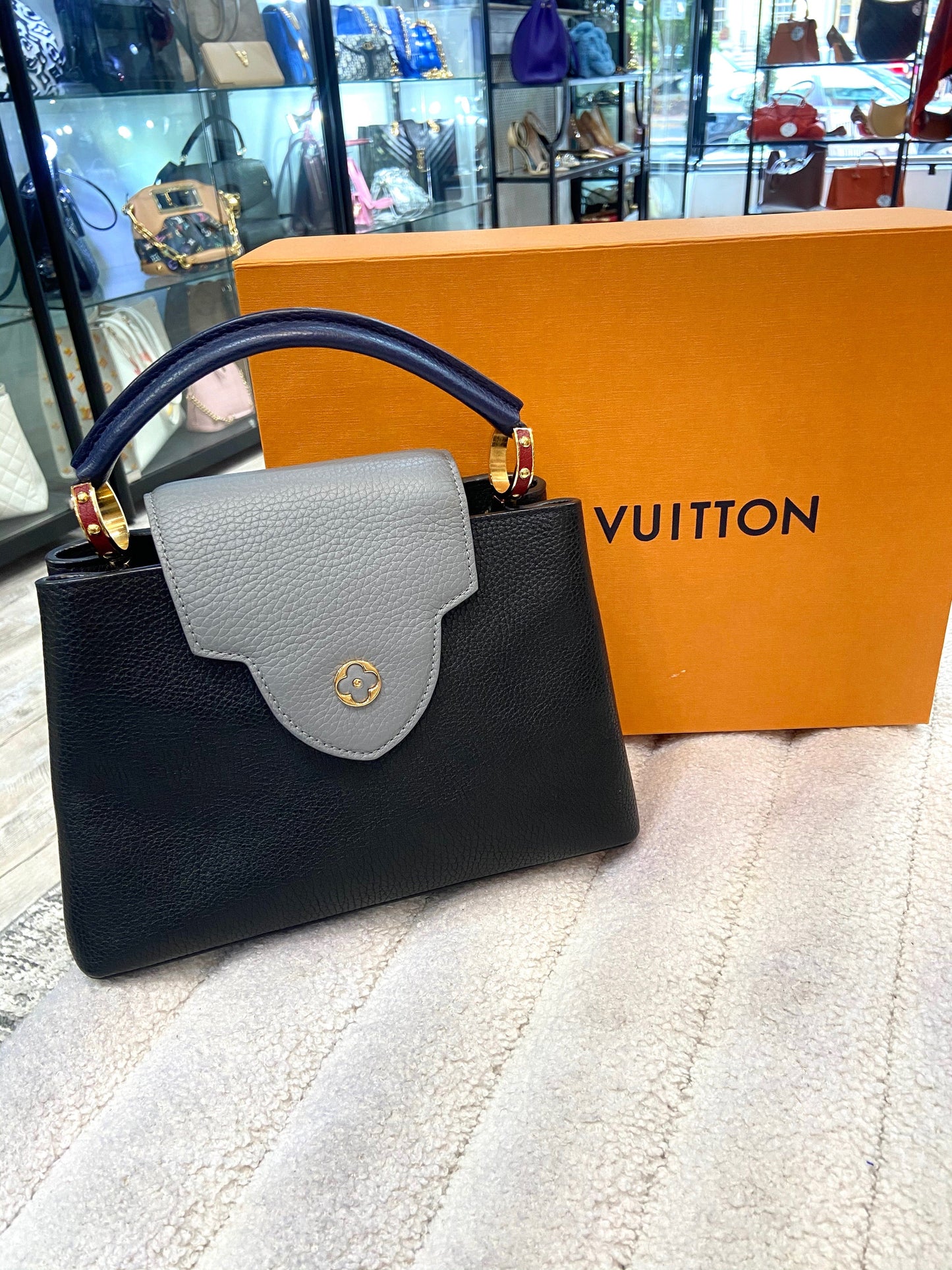 LOUIS VUITTON CAPUCINES TAURILLON  LEATHER PM TRI-COLOR HANDBAG