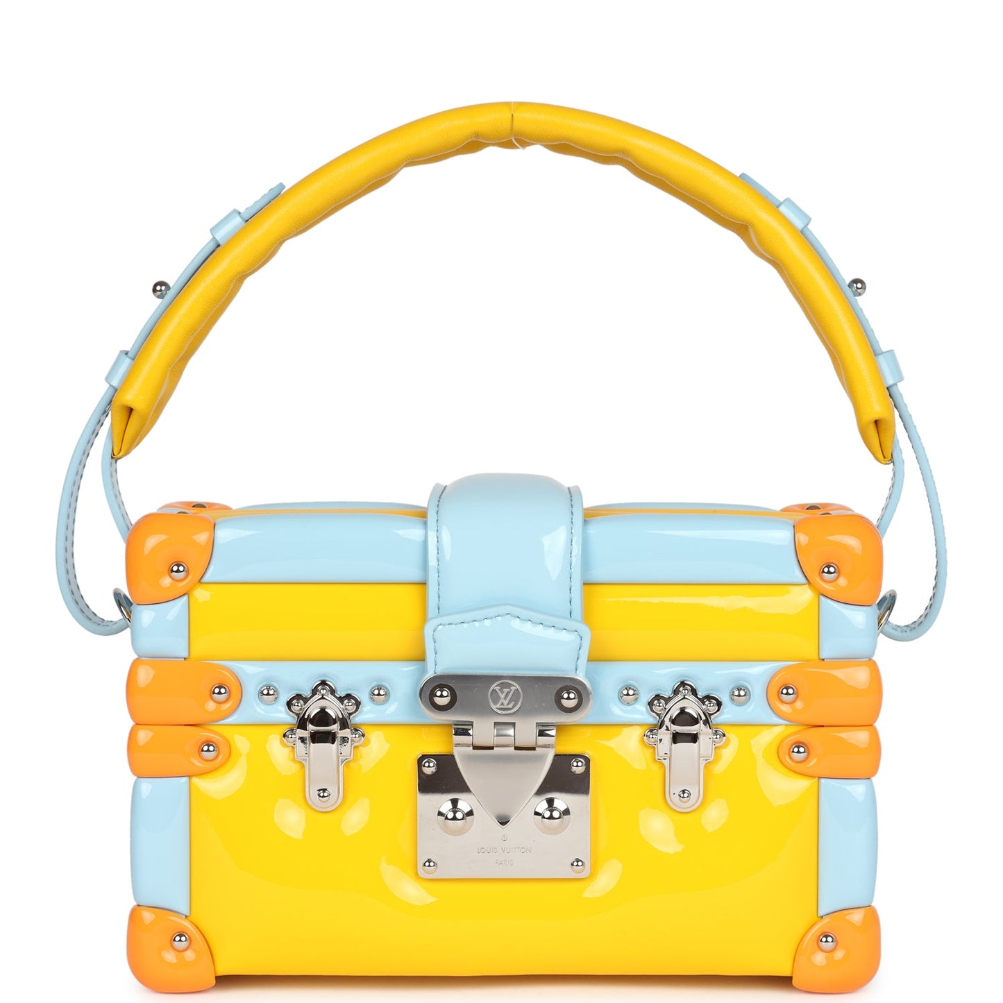 Louis Vuitton Petite Malle Handbag Light Blue & Yellow Glossy Calfskin Silver Hardware