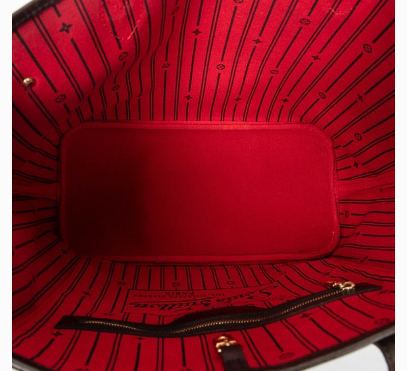 LOUIS VUITTON DAMIER EBENE NEVERFULL MM TOTE BAG CERISE RED