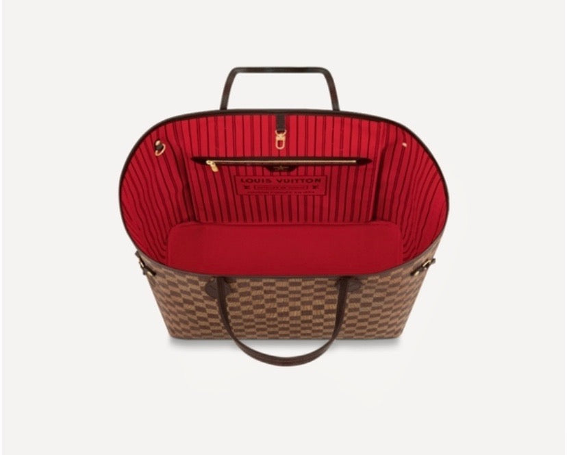 LOUIS VUITTON DAMIER EBENE NEVERFULL MM TOTE BAG CERISE RED