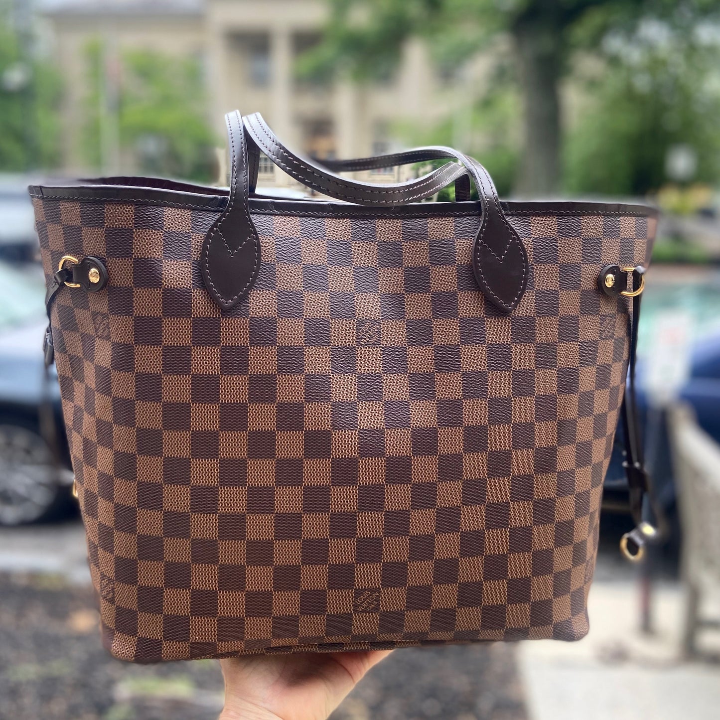 LOUIS VUITTON DAMIER EBENE NEVERFULL MM TOTE BAG CERISE RED