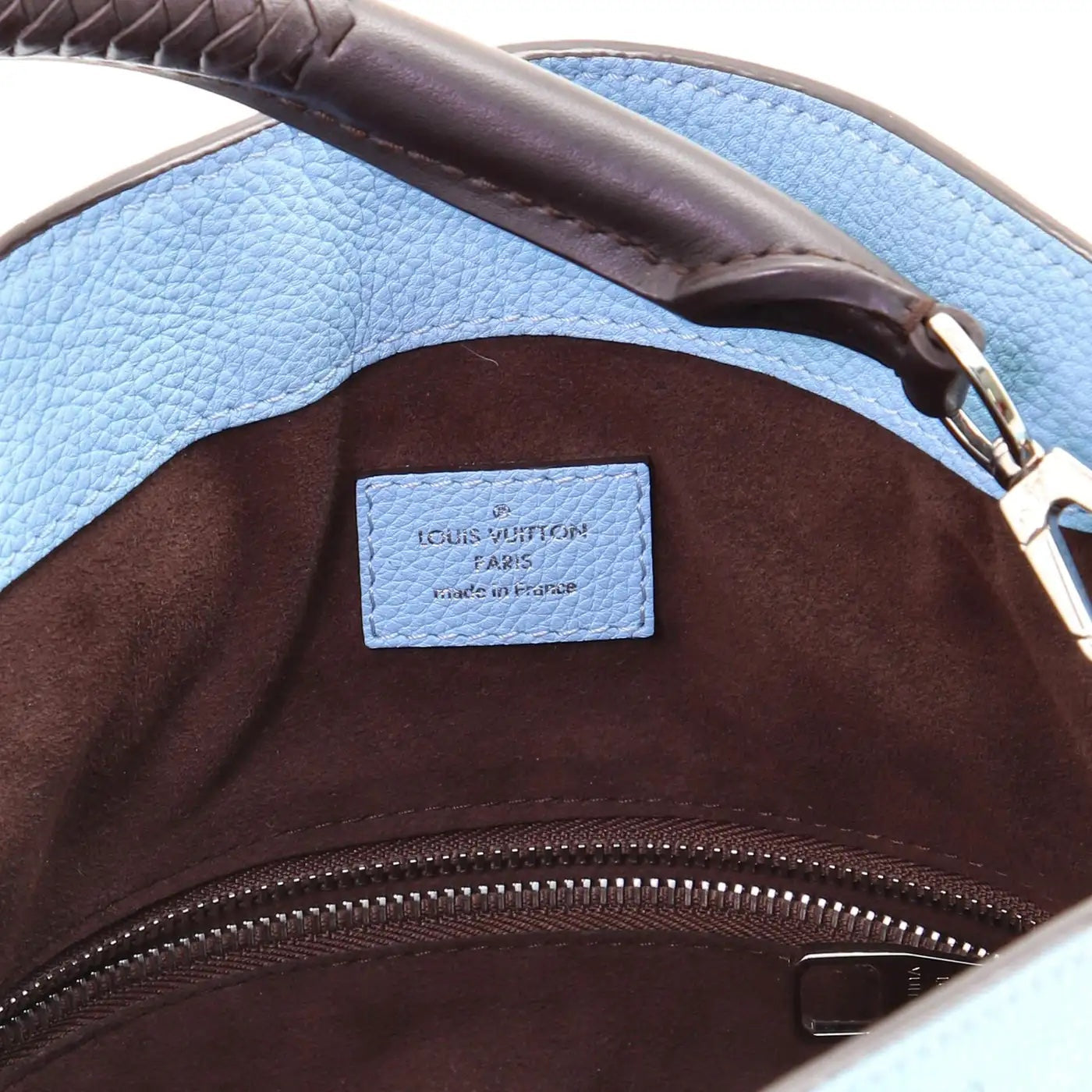 LOUIS VUITTON MONOGRAM MAHINA LEATHER BABYLONE PM  BAG IN ICE BLUE