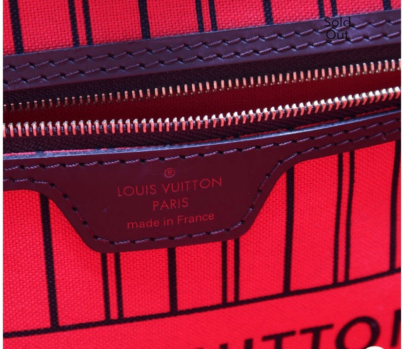 LOUIS VUITTON DAMIER EBENE NEVERFULL MM TOTE BAG CERISE RED