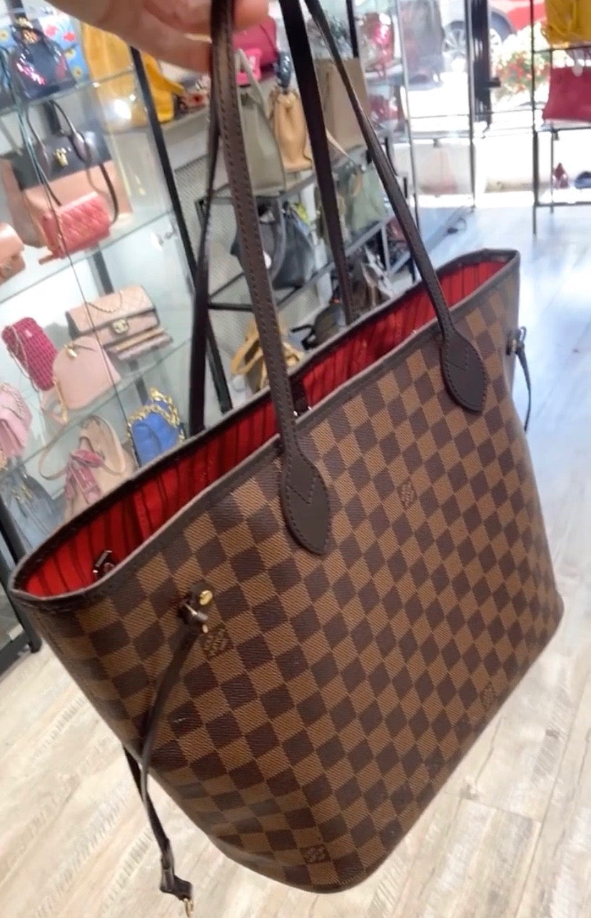 LOUIS VUITTON DAMIER EBENE NEVERFULL MM TOTE BAG CERISE RED