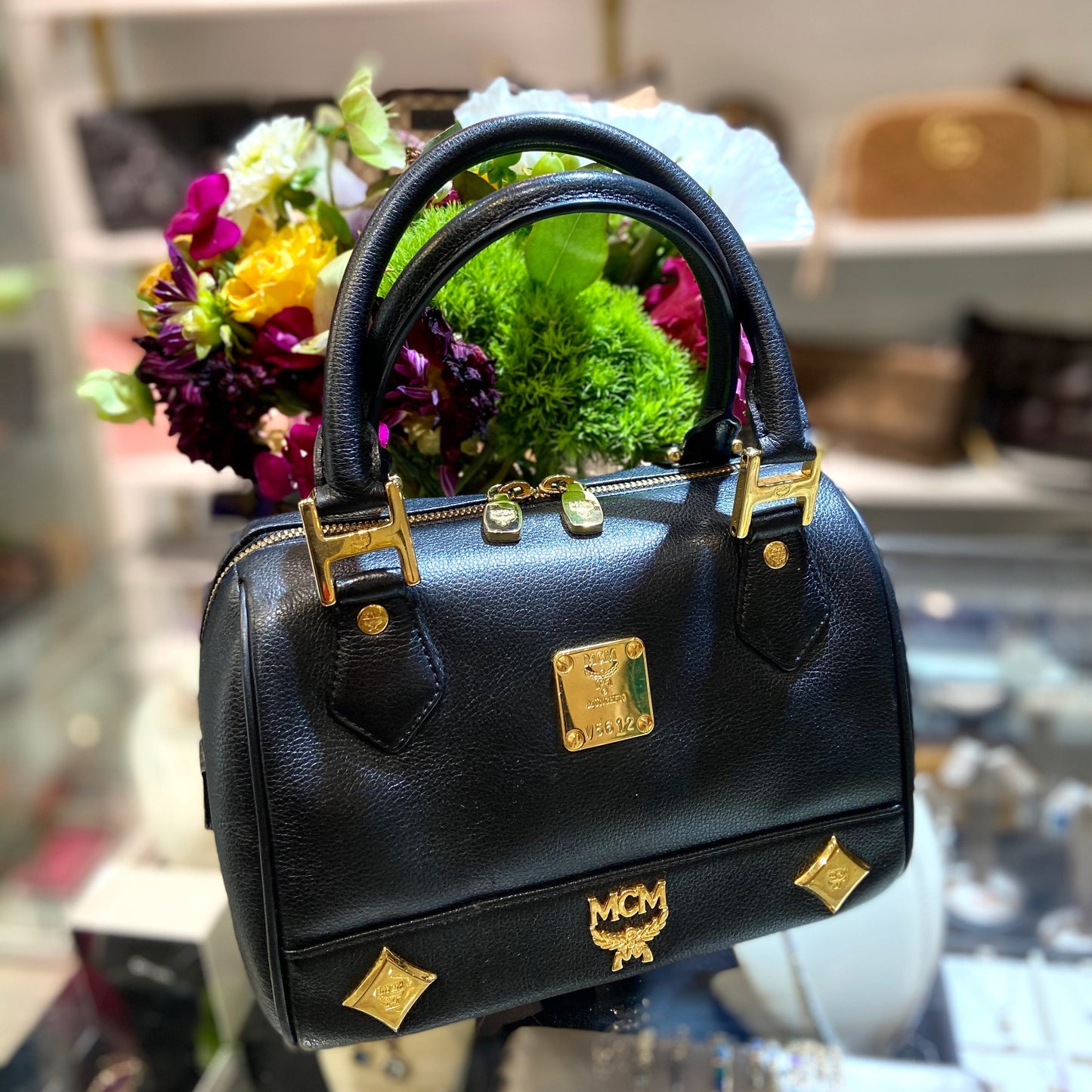 MCM STUDDED LEATHER HERITAGE SMALL BOSTON BAG