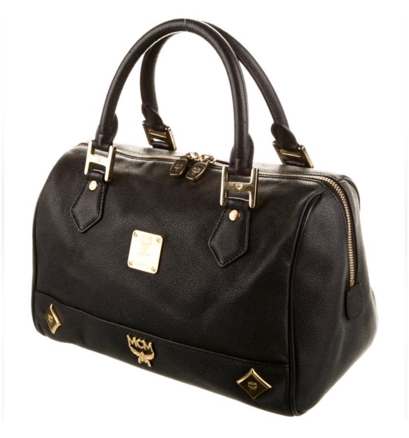 MCM STUDDED LEATHER HERITAGE SMALL BOSTON BAG