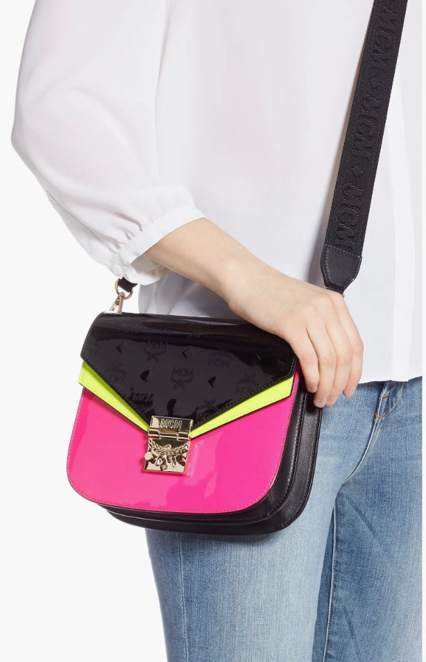 MCM MEDIUM PATRICIA MONOGRAMMED PATENT LEATHER CROSSBODY BAG