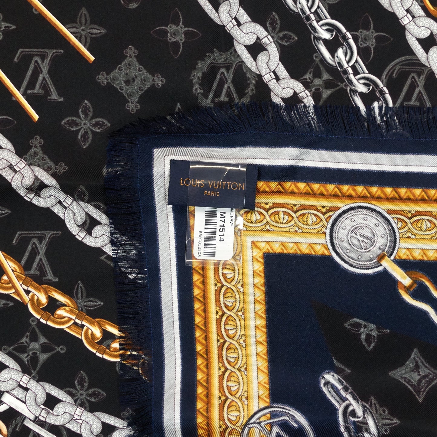 Louis Vuitto Vendome Giant Square Navy Blue Silk Scarf