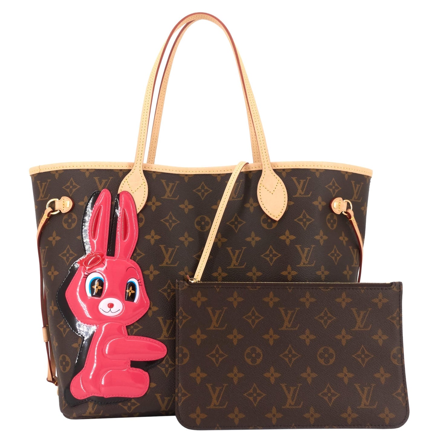 Louis Vuitto Neverfull MM Rabbit Monogram Canvas Bag with Pouch