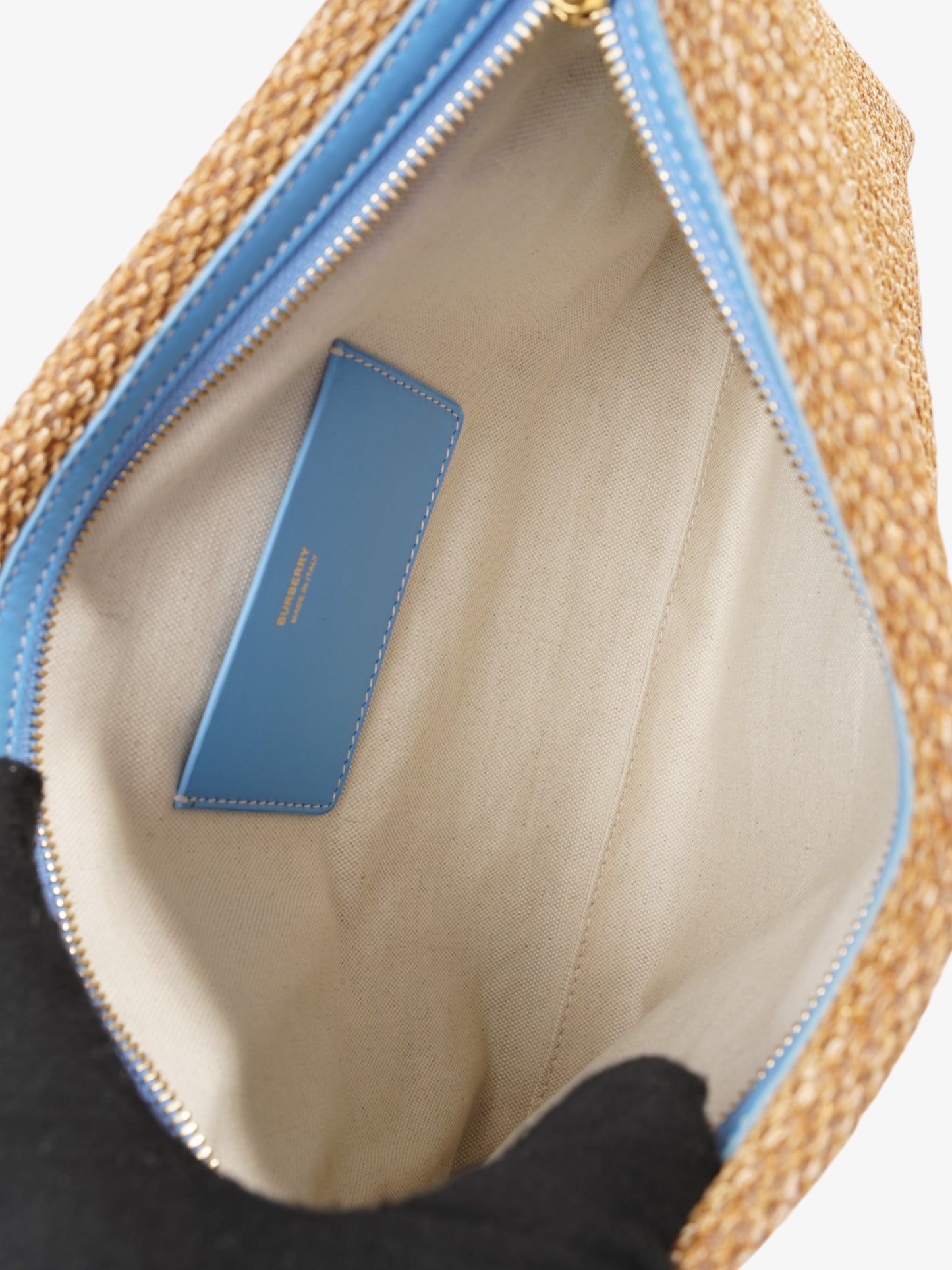 Burberry Embroidered Monogram Pouch Bag Beige / Blue Raffia