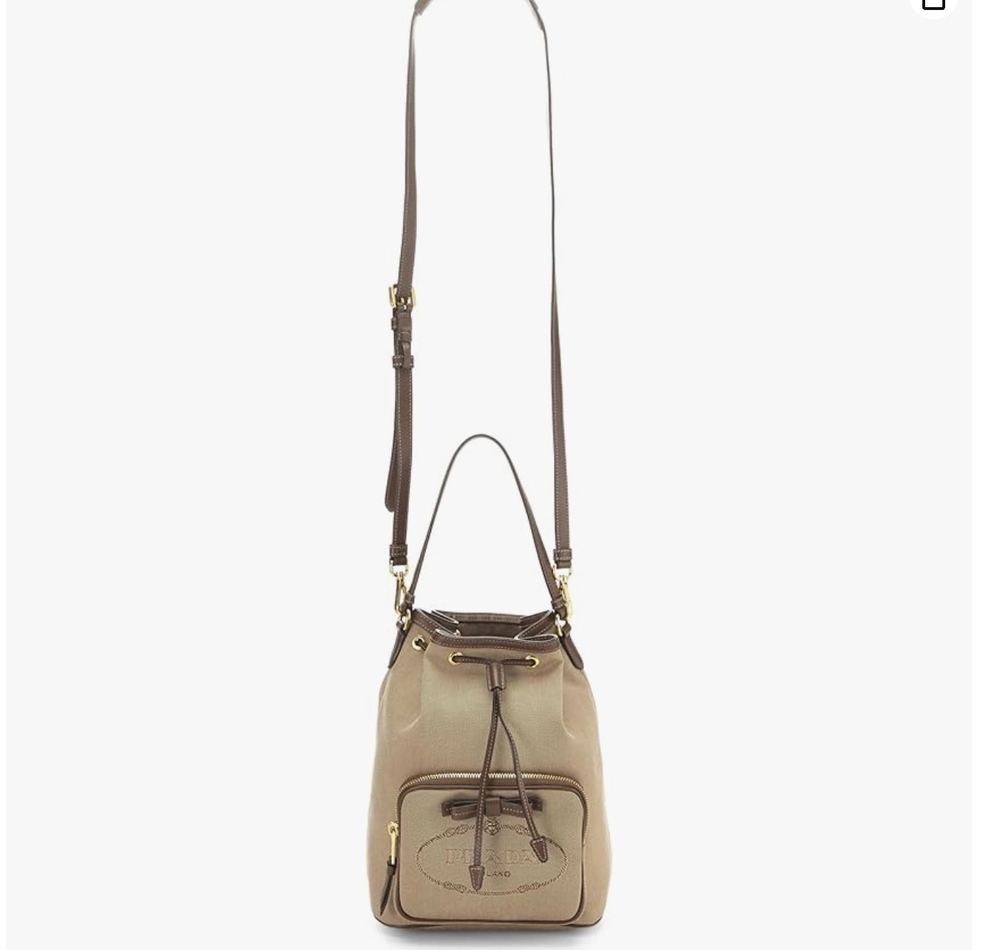 PRADA LOGO JACQUARD CANVAS LEATHER SMALL BUCKET BAG