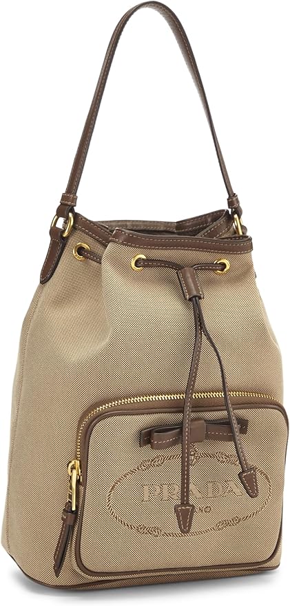 PRADA LOGO JACQUARD CANVAS LEATHER SMALL BUCKET BAG