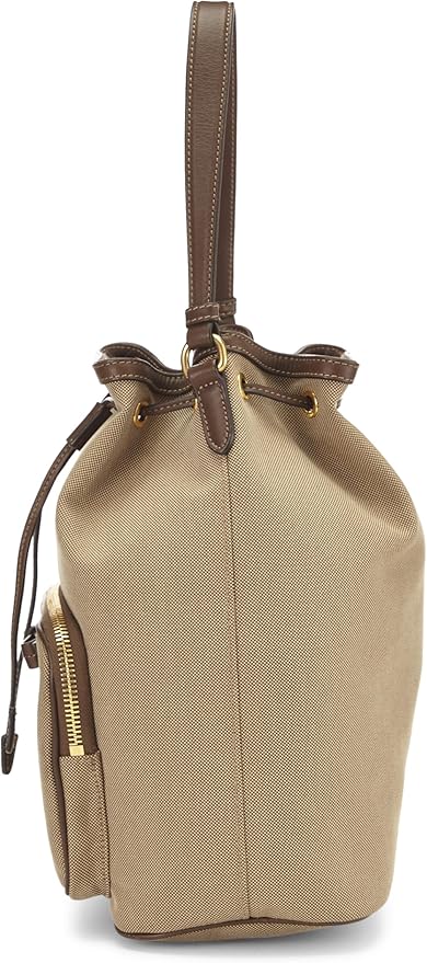 PRADA LOGO JACQUARD CANVAS LEATHER SMALL BUCKET BAG