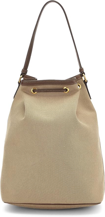 PRADA LOGO JACQUARD CANVAS LEATHER SMALL BUCKET BAG