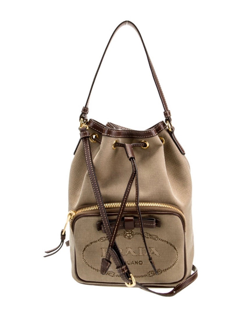 PRADA LOGO JACQUARD CANVAS LEATHER SMALL BUCKET BAG