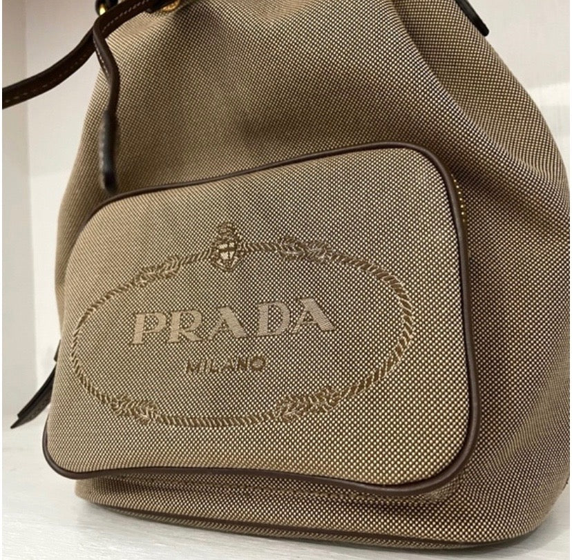 PRADA LOGO JACQUARD CANVAS LEATHER SMALL BUCKET BAG