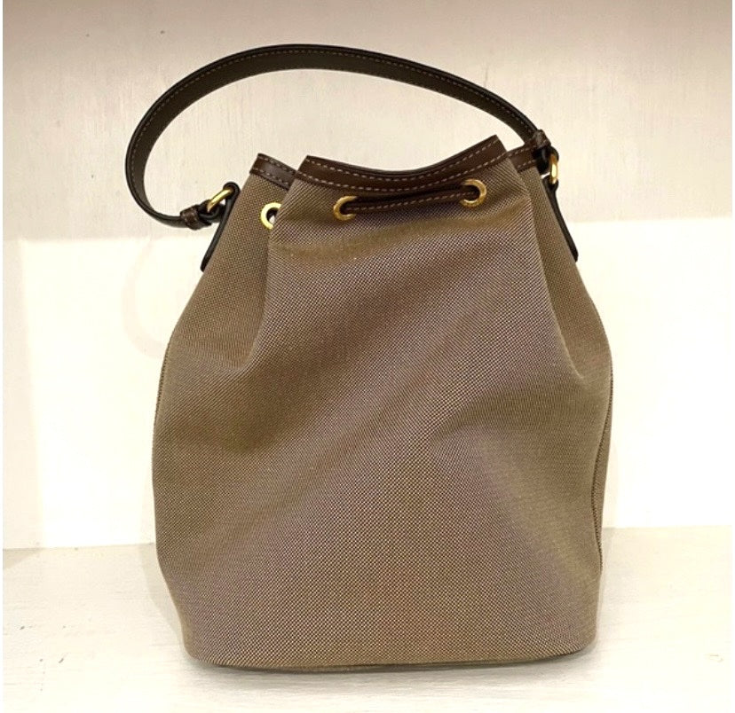 PRADA LOGO JACQUARD CANVAS LEATHER SMALL BUCKET BAG