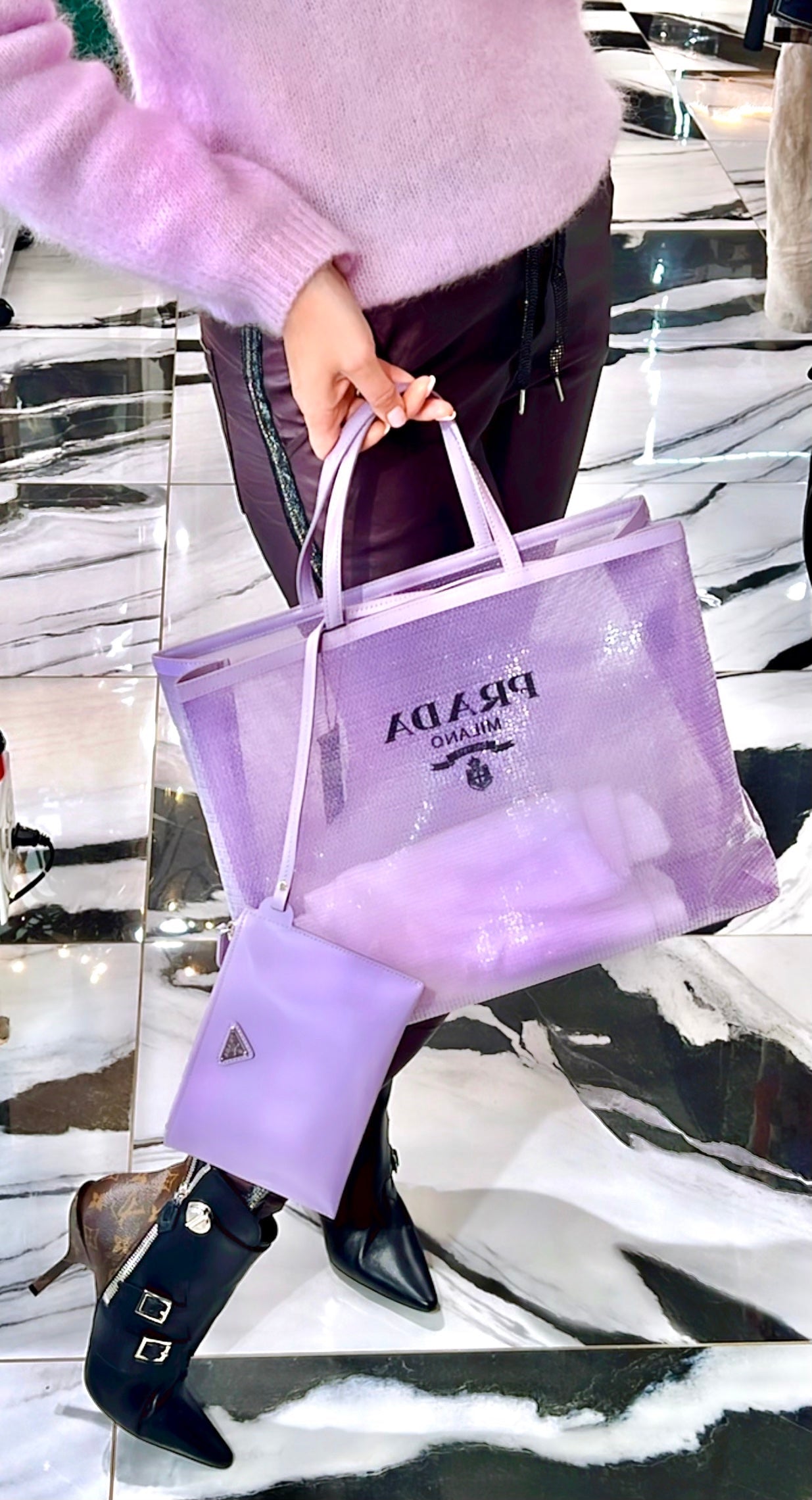 PRADA MESH SEQUIN LOGO TOTE BAG