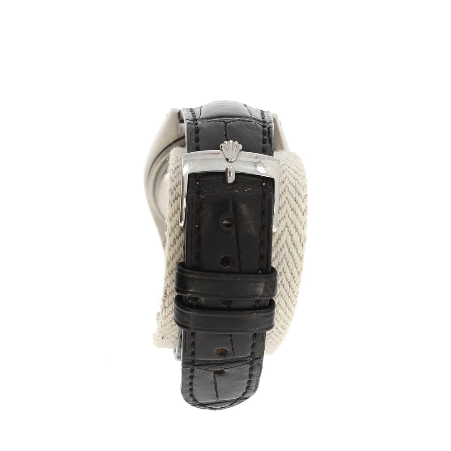 ROLEX Ovettone Big Bubble Back steel watch with croco bracelet