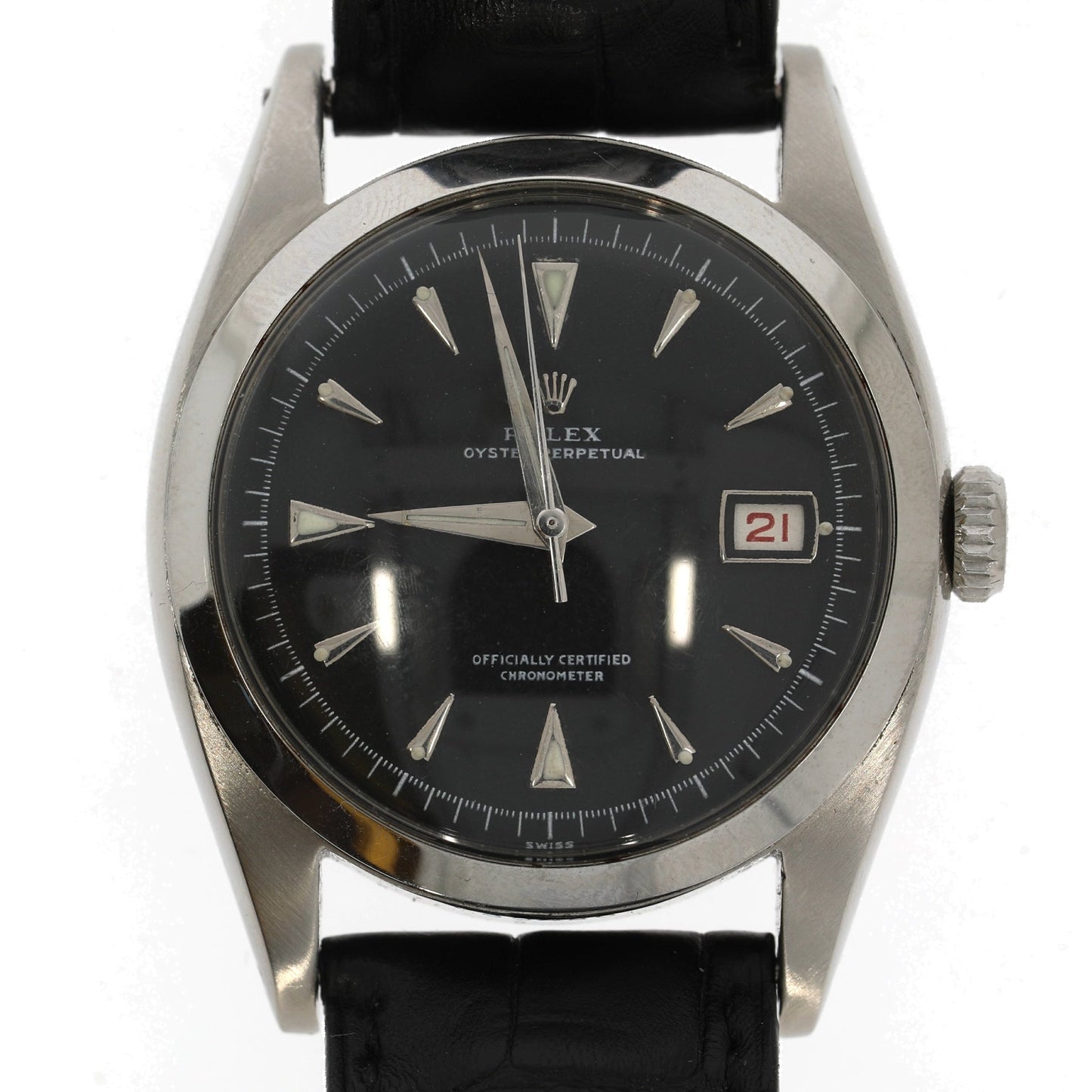ROLEX Ovettone Big Bubble Back steel watch with croco bracelet