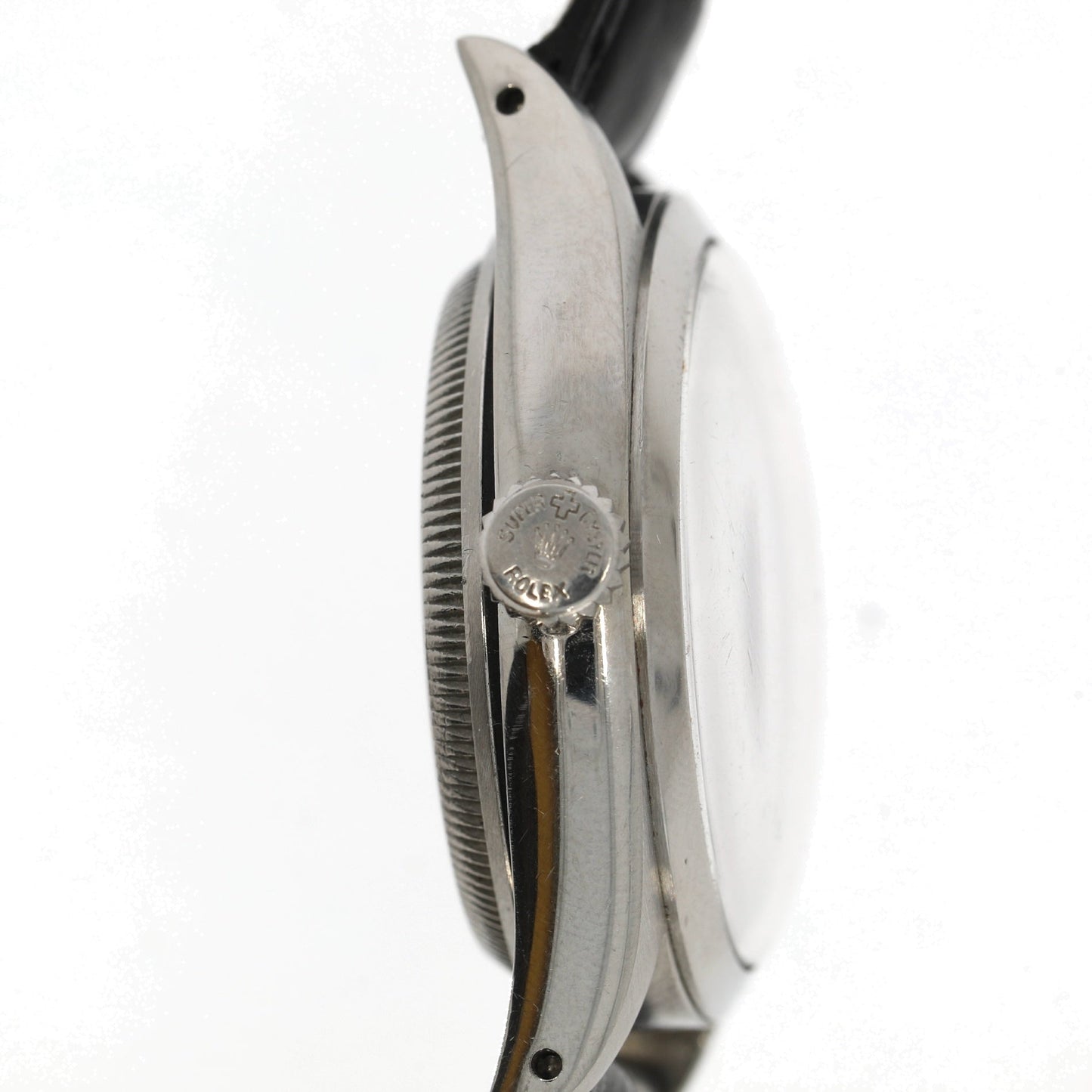 ROLEX Ovettone Big Bubble Back steel watch with croco bracelet