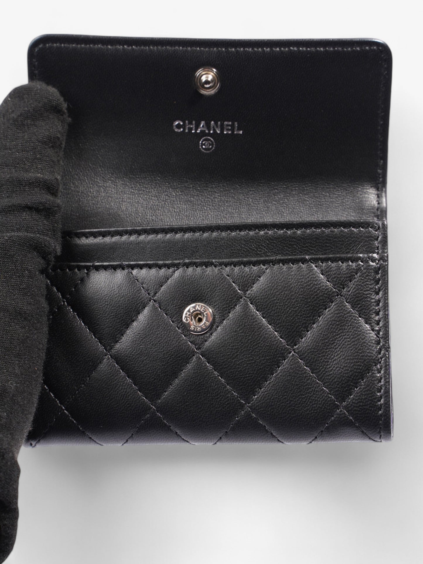 Chanel Interlocking CC Flap Card Holder Black / Silver Lambskin Leather Small