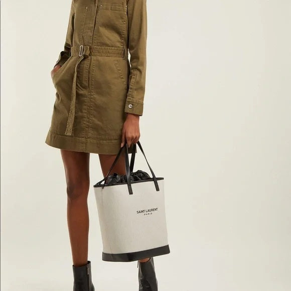 YVES SAINT LAURENT TEDDY CANVAS & CALFSKIN LEATHER TOTE BAG