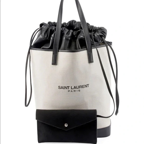 YVES SAINT LAURENT TEDDY CANVAS & CALFSKIN LEATHER TOTE BAG