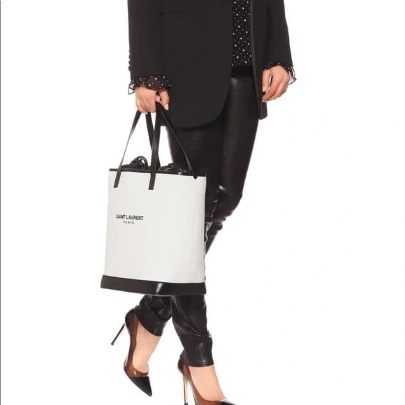 YVES SAINT LAURENT TEDDY CANVAS & CALFSKIN LEATHER TOTE BAG