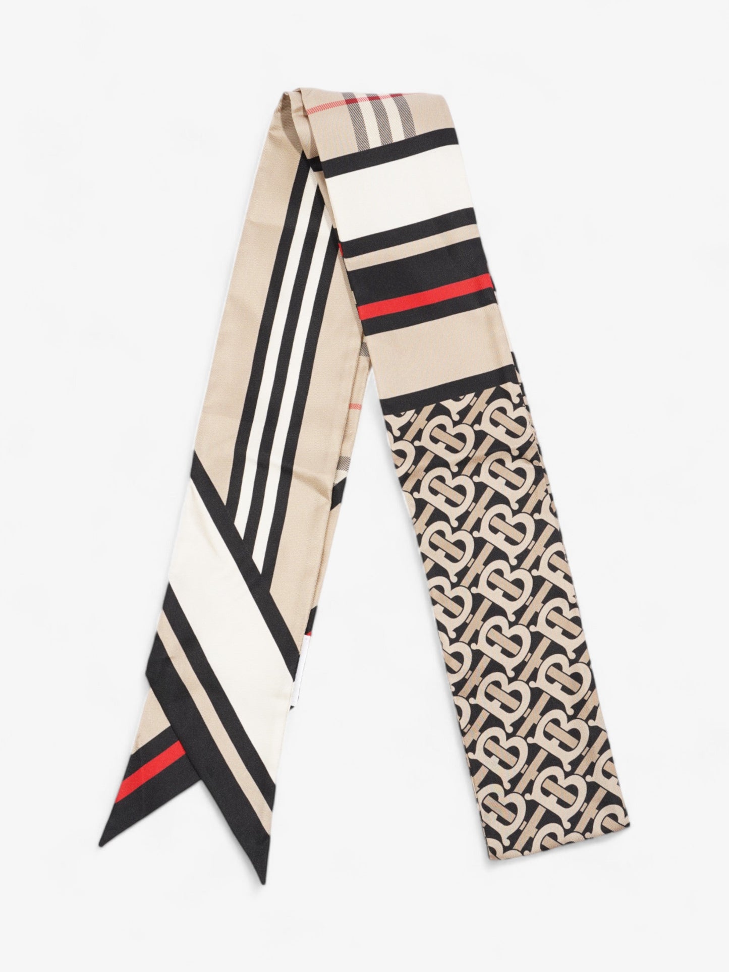 Burberry Triple Check Monogram Stripe Skinny Scarf Archive Beige Silk