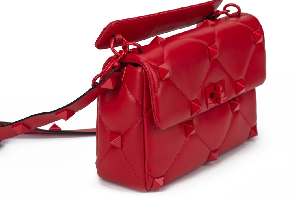 VALENTINO GARAVANI ROMAN STUD NAPPA LEATHER SHOULDER BAG IN ROUGE