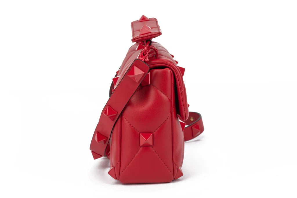 VALENTINO GARAVANI ROMAN STUD NAPPA LEATHER SHOULDER BAG IN ROUGE